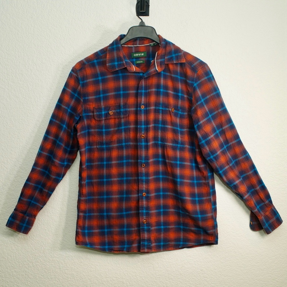 ORVIS Mens Long Sleeve Button Down Shirt Size Medium Blue Red Plaid 100% Cotton